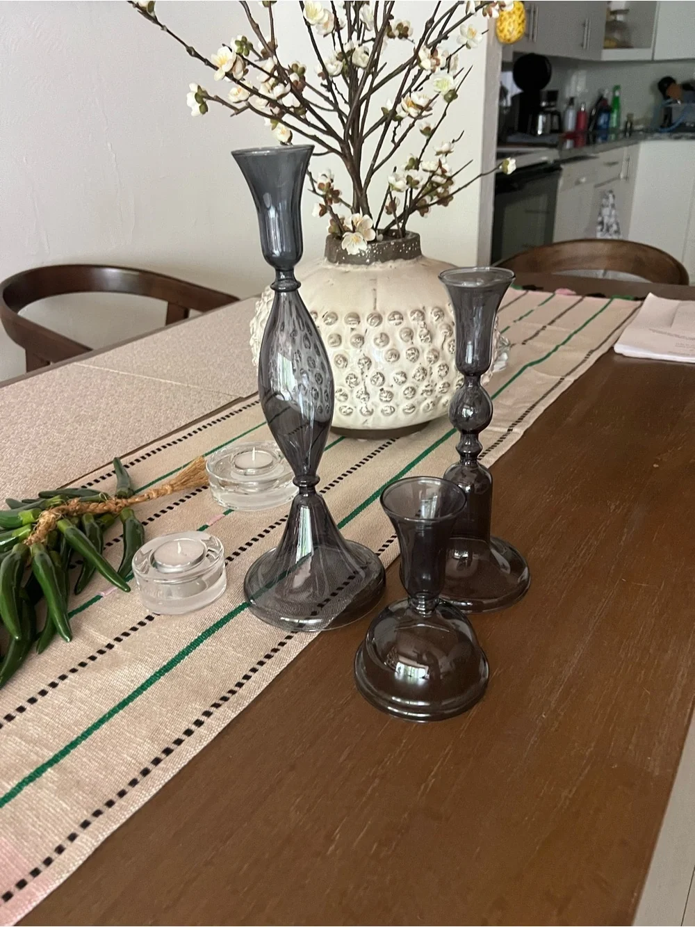 CRATE & BARREL. Smoked Blue Glass Taper Candle Holders - Set of 3